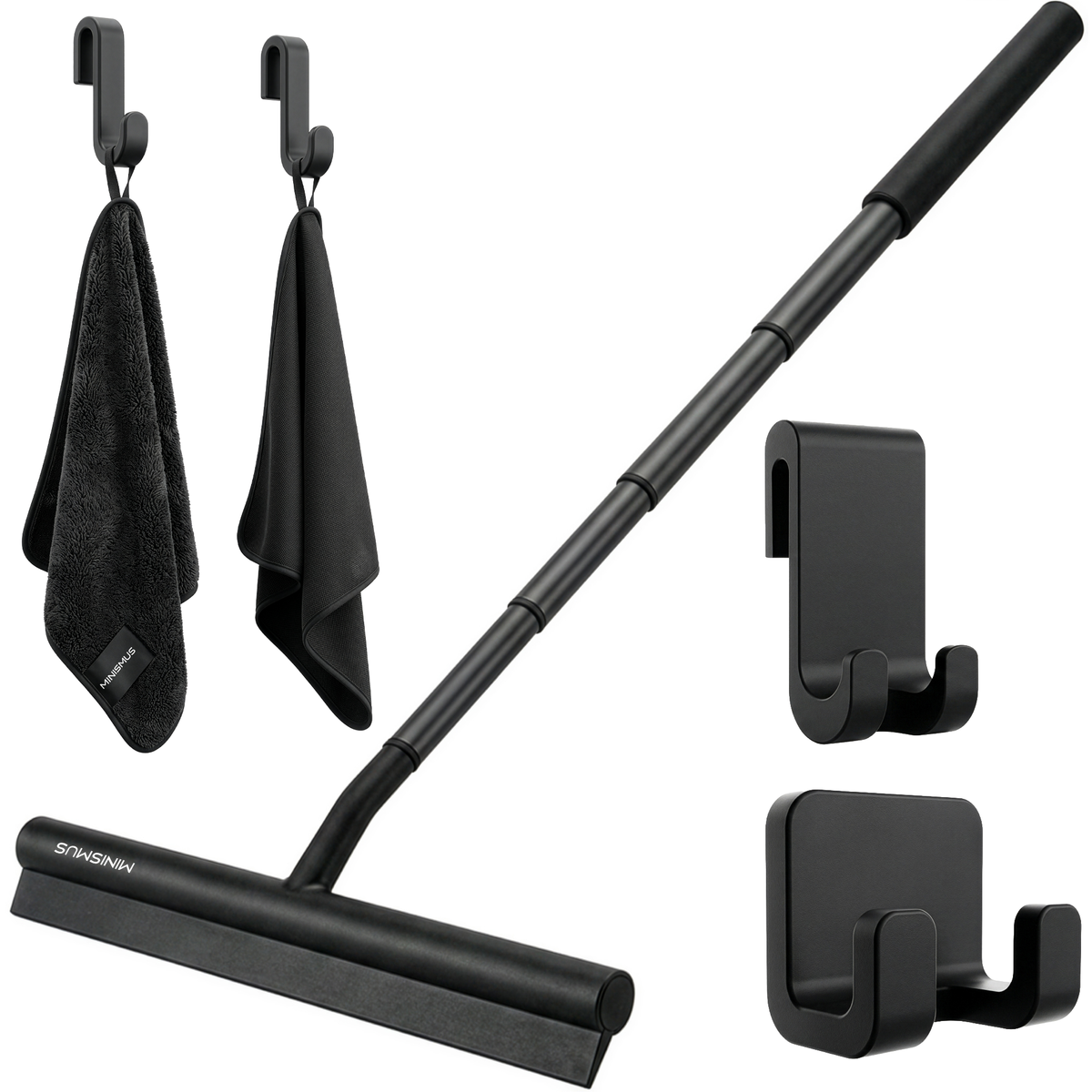 3-teiliges Dusch-Trockenset - Ausziehbarer Abzieher, Mikrofaser-Trockentücher & Silikon-Türhaken