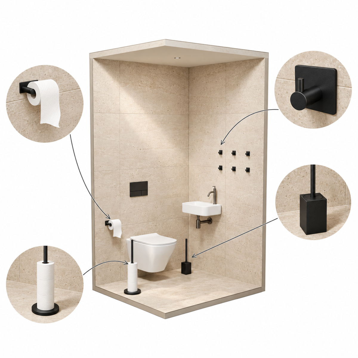 Set de Toilette Noir 4 Pièces - Porte-Rouleau de Réserve sur Pied pour 5 Rouleaux & Porte-Rouleau Suspendu - Porte-Brosse WC & Crochets Muraux