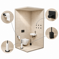 Set de Toilette Noir 4 Pièces - Porte-Rouleau de Réserve sur Pied pour 5 Rouleaux & Porte-Rouleau Suspendu - Porte-Brosse WC & Crochets Muraux